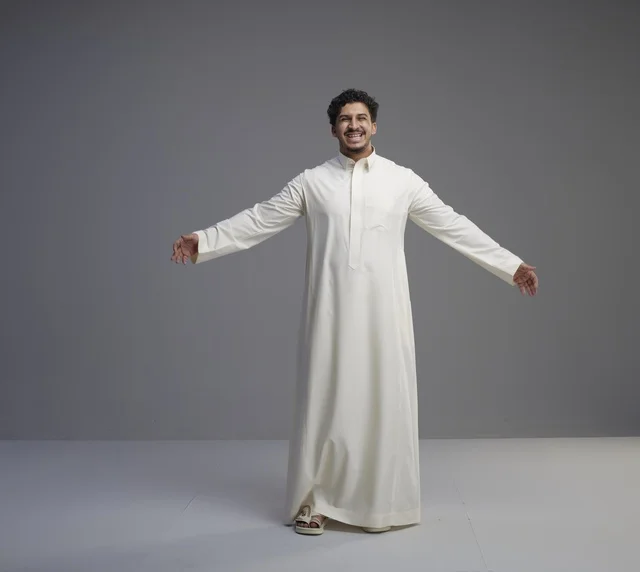 Saudi Man in Traditional White Thobe with Open Arms