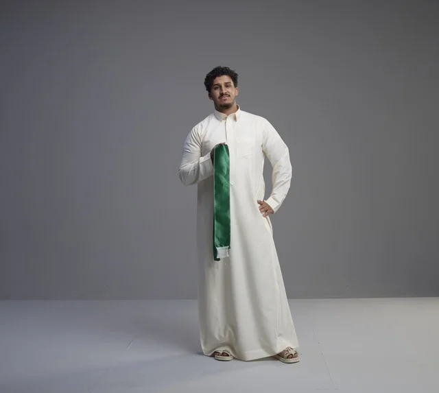 Saudi Man Holding National Green Scarf in Studio