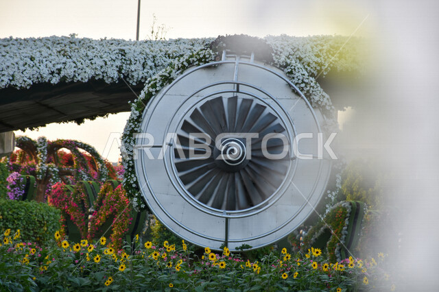 صورة لمحرك النفاذ للطائرة محاط بالورد في الحديقة المعجزة بإمارة دبي في الإمارات العربية المتحدة ، معالم دبي ، السياحة في الإمارات ، الإمارات العربية المتحدة ، منظر جمالي في حديقة دبي المعجزة ، معالم الإمارات السياحية