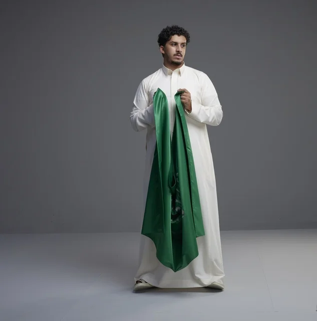 رجل سعودي يحمل علم المملكة في استوديو احترافي