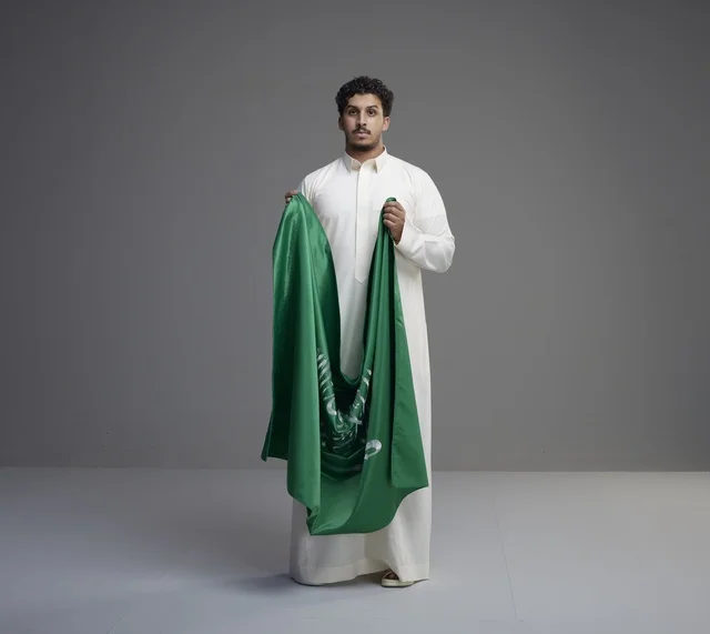 رجل سعودي يمسك علم المملكة العربية السعودية