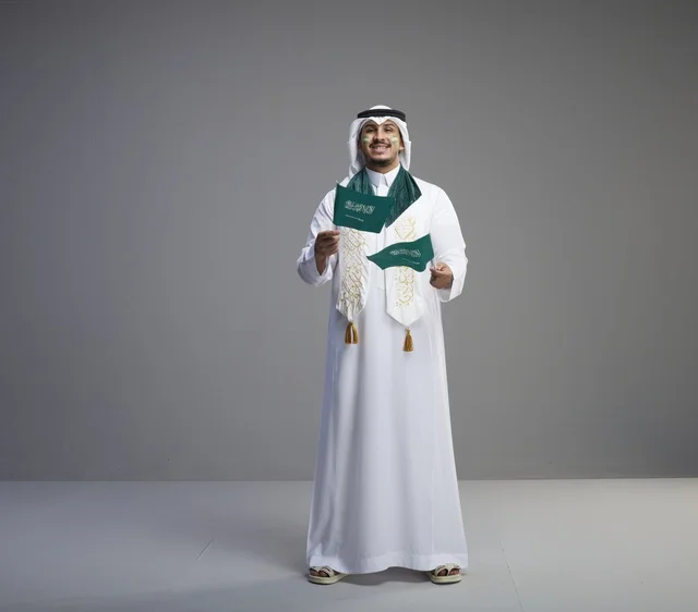 رجل سعودي يحمل الأعلام الوطنية احتفالاً باليوم الوطني