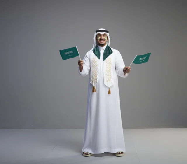 رجل سعودي يحمل الأعلام الوطنية احتفالاً باليوم الوطني