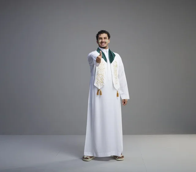 شاب سعودي بملابس الاحتفال الوطني يرفع إبهامه