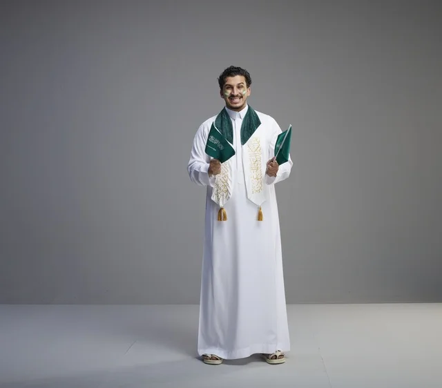 شاب سعودي يحتفل باليوم الوطني حاملاً الأعلام السعودية