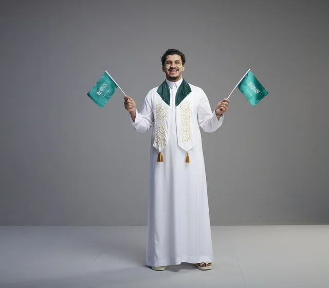 Saudi Man Celebrating with Saudi Flags in Studio