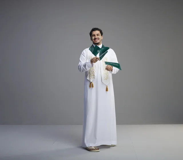 شاب سعودي يحمل الأعلام السعودية في احتفال وطني
