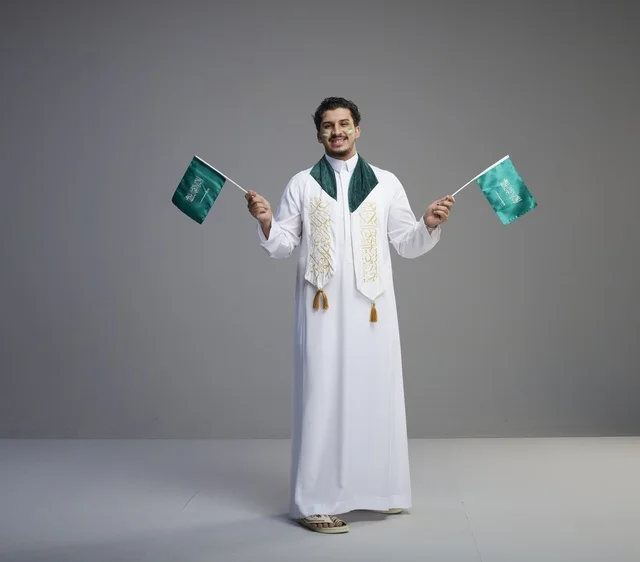 Saudi Man Celebrating with National Flags in Grey Studio