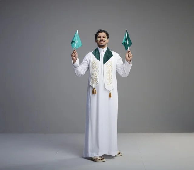 شاب سعودي يحمل الأعلام في احتفالات اليوم الوطني