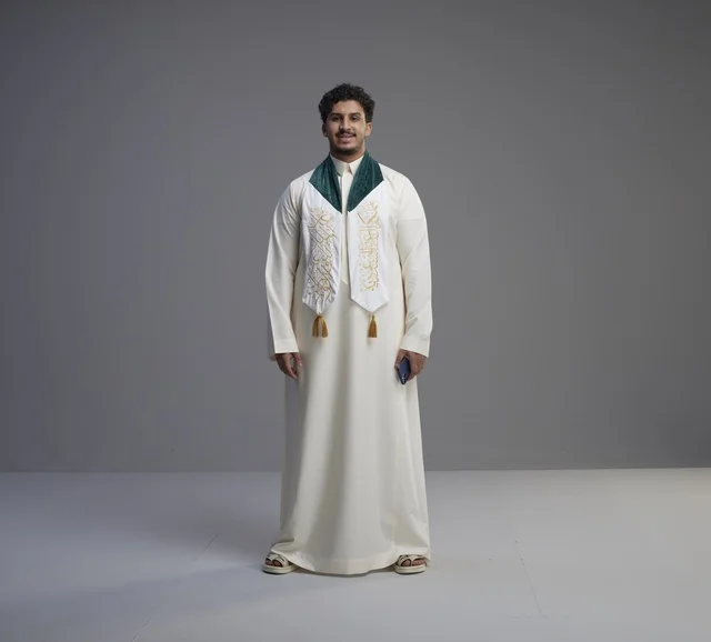 شاب سعودي يرتدي وشاح اليوم الوطني السعودي
