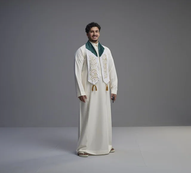 شاب سعودي بالوشاح الوطني في الاستوديو