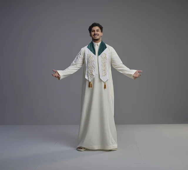 Saudi Man in Traditional Thobe and Green National Scarf