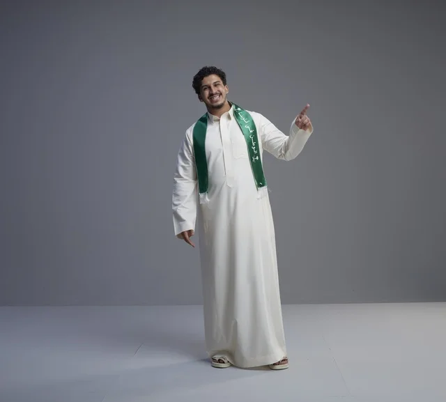 شاب سعودي بالوشاح الوطني يشير للأعلى في الاستوديو