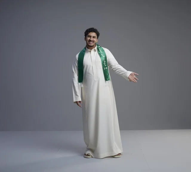 شاب سعودي بالثوب والوشاح الوطني في الاستوديو