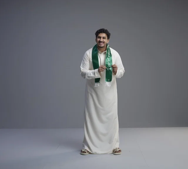 شاب سعودي يرتدي وشاح اليوم الوطني في الاستوديو
