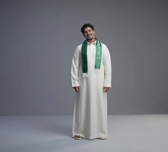 شاب سعودي يرتدي الوشاح الوطني والثوب الأبيض في استوديو