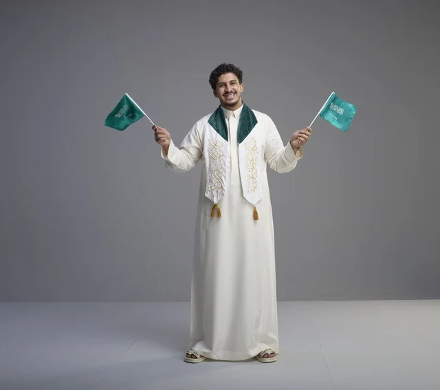 Smiling Saudi Graduate with National Flags and Thobe