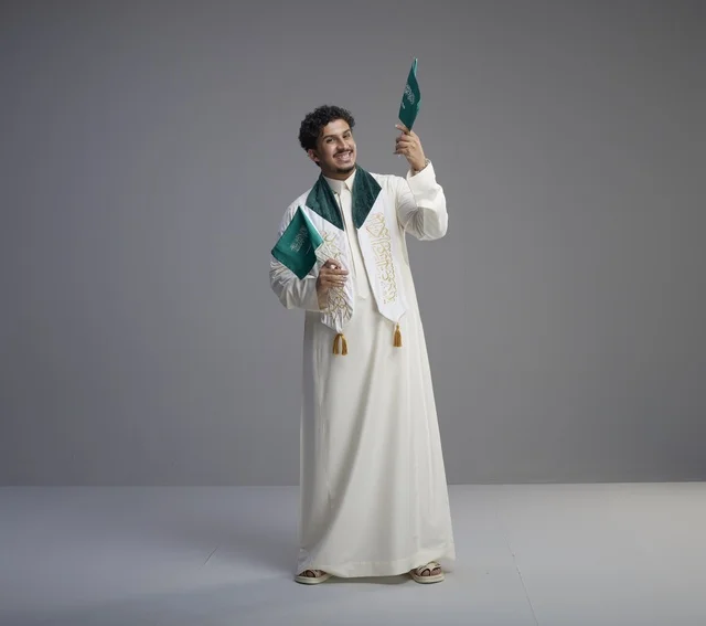خريج سعودي يحمل العلم الوطني في استوديو