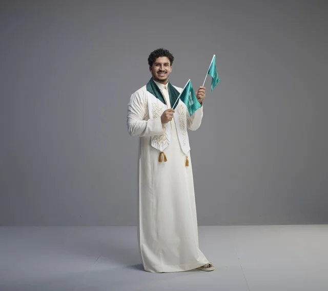 Saudi Male Graduate Holding National Flags in Studio