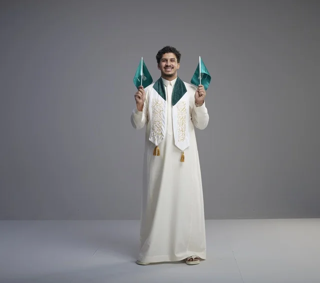 Saudi Graduate Man Holding National Flags in Studio