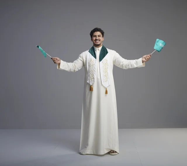 خريج سعودي يحمل العلم الوطني في استوديو