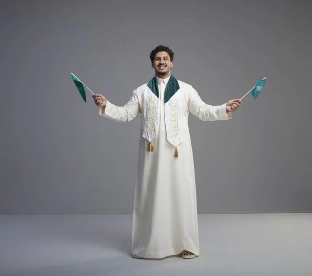 خريج سعودي يحمل العلم الوطني في احتفال داخل استوديو
