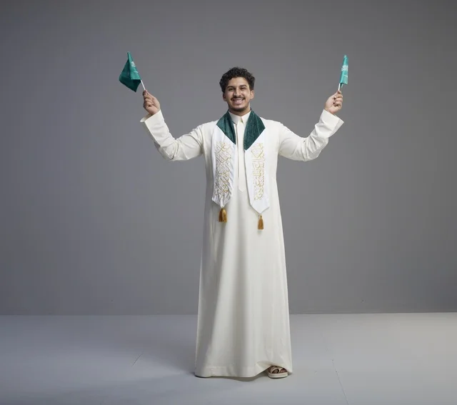 خريج سعودي يحتفل بالعلم الوطني في الاستوديو