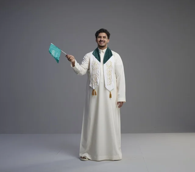 Saudi Graduate Holding National Flag in Traditional Thobe