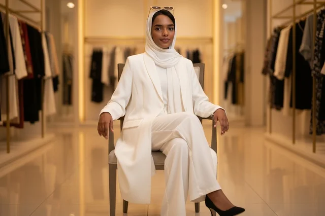 Arab Woman in White Modest Suit at Luxury Boutique