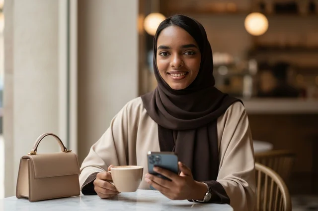 امرأة إماراتية في مقهى مع هاتف ذكي وقهوة