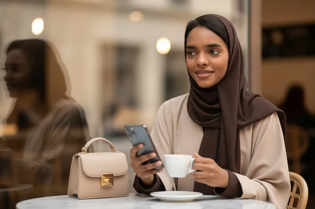 امرأة إماراتية في مقهى مع هاتف ذكي وقهوة