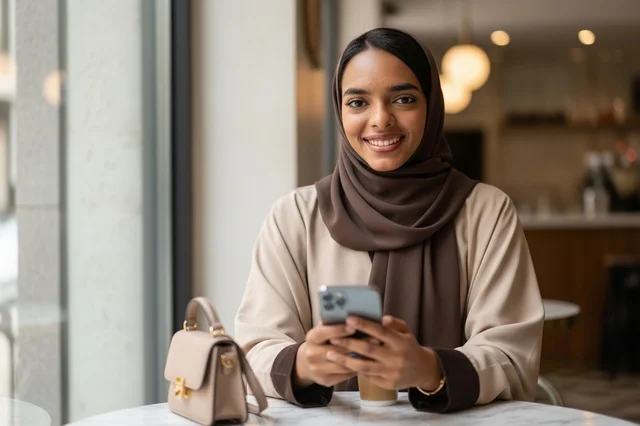 Emirati Woman in Hijab Using Smartphone in Cafe
