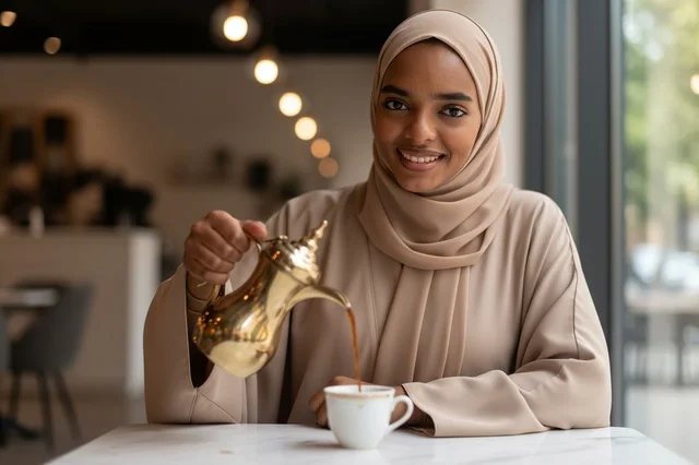 امرأة سعودية تصب القهوة العربية في مقهى حديث