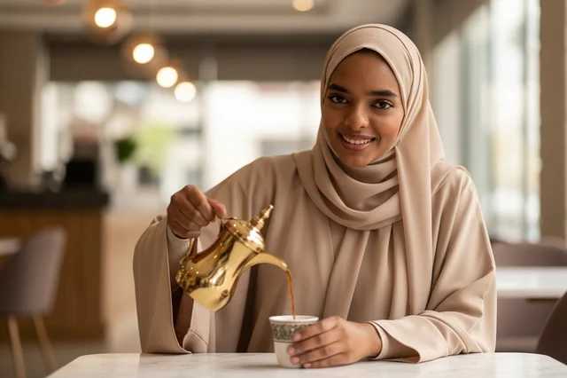 امرأة تسكب القهوة العربية التقليدية في مقهى