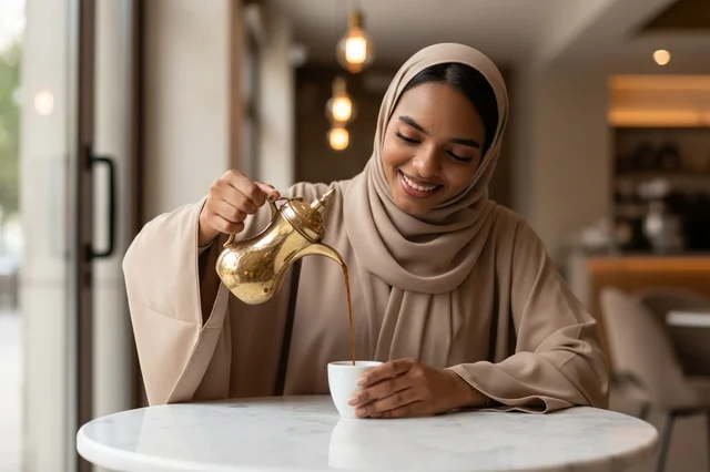 Emirati Woman Pouring Arabic Coffee in Cafe