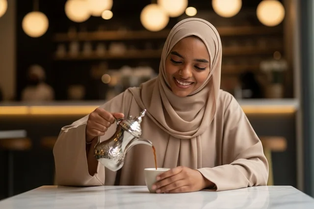 Arab Woman Pouring Coffee from Silver Dallah