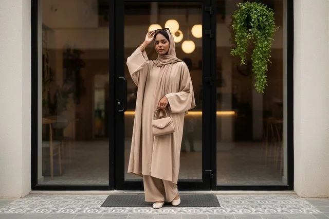 Saudi Woman in Beige Abaya and Modest Fashion