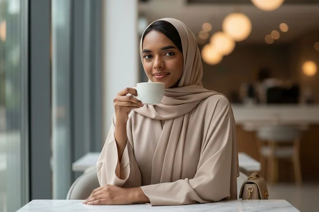 Emirati Woman in Abaya Drinking Coffee in Cafe