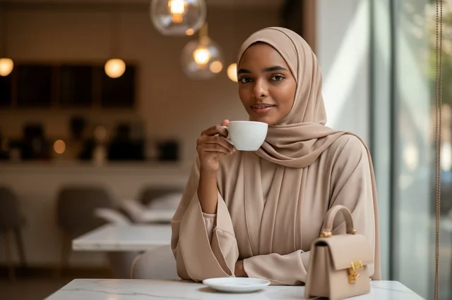 Saudi Woman in Beige Abaya Drinking Coffee in Cafe