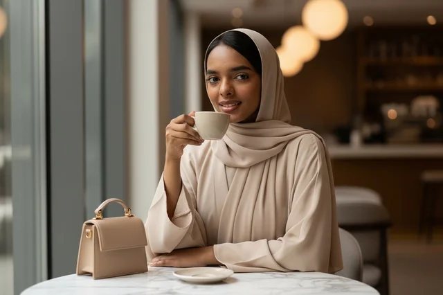 Saudi Woman in Beige Abaya Drinking Coffee in Cafe
