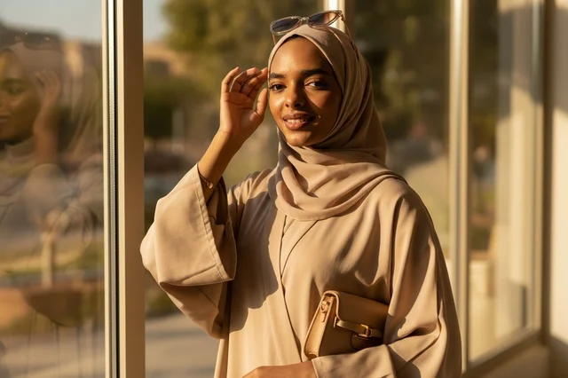 Sudanese Woman in Beige Abaya at Golden Hour