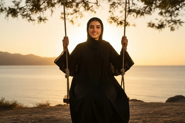 Emirati Woman on Beach Swing at Sunset