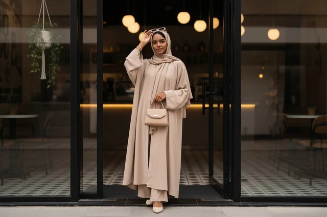 Saudi Woman in Beige Abaya at Modern Cafe Entrance