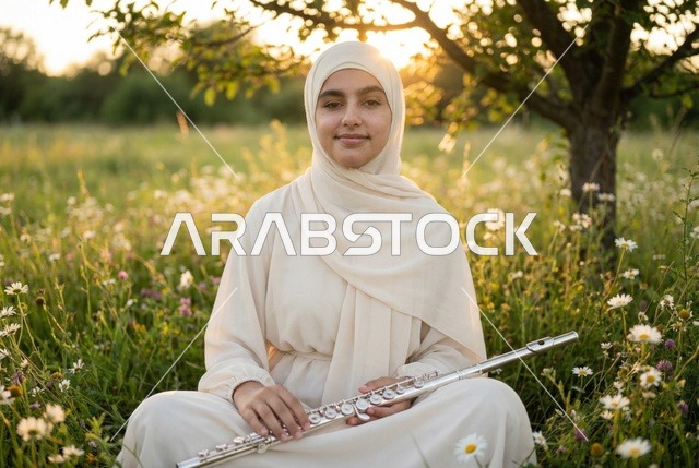امرأة عربية مع فلوت في مرج عند الغروب
