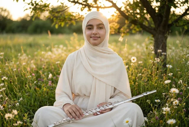 امرأة عربية مع فلوت في مرج عند الغروب