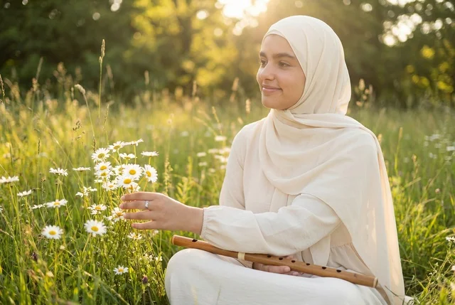 Muslim Girl with Wooden Flute in Daisy Field