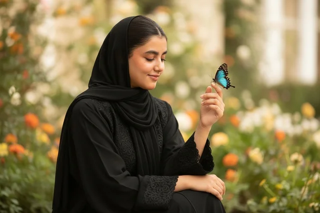امرأة سعودية بالعباءة تحمل فراشة في الحديقة