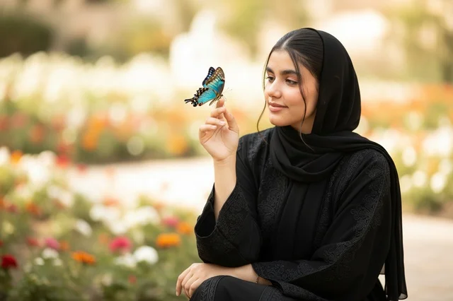 Arab Woman in Abaya with Butterfly in Garden