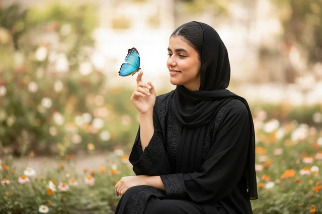 امرأة إماراتية بالعباءة مع فراشة في الحديقة