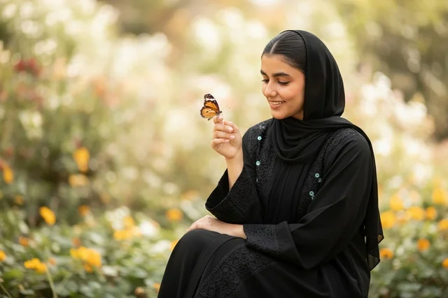 Saudi Woman in Black Abaya Holding Butterfly in Garden